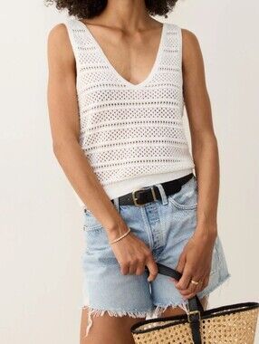 Marine Layer Stacy Sweater Tank Size L Cotton Linen Open Weave Pullover Coastal
